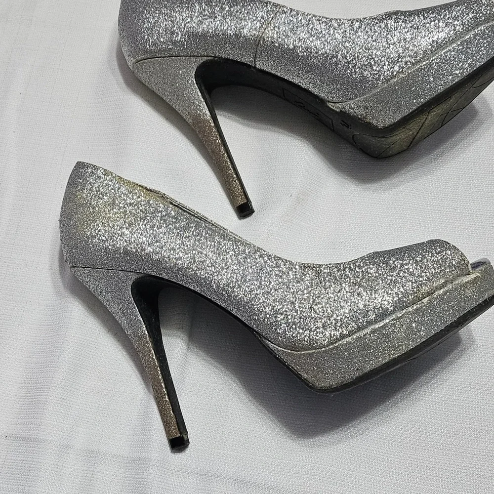 Fioni Luster Silver Glitter Peep Toe Platform Stiletto Heels Shoes Womens 7.5‎